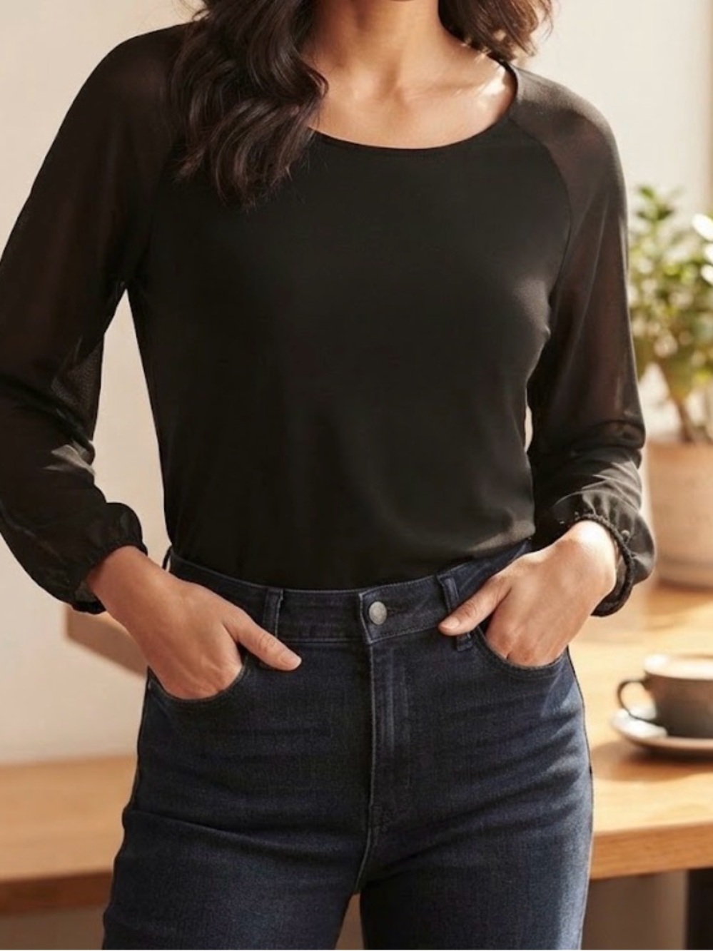 Willi Smith Black Sheer Raglan Sleeve Blouse